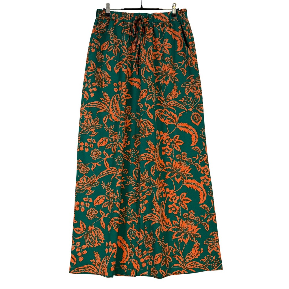 Women Teal Orange Floral Wide Leg Pants Elastic Waist Pockets •L• Bohemian Boho
